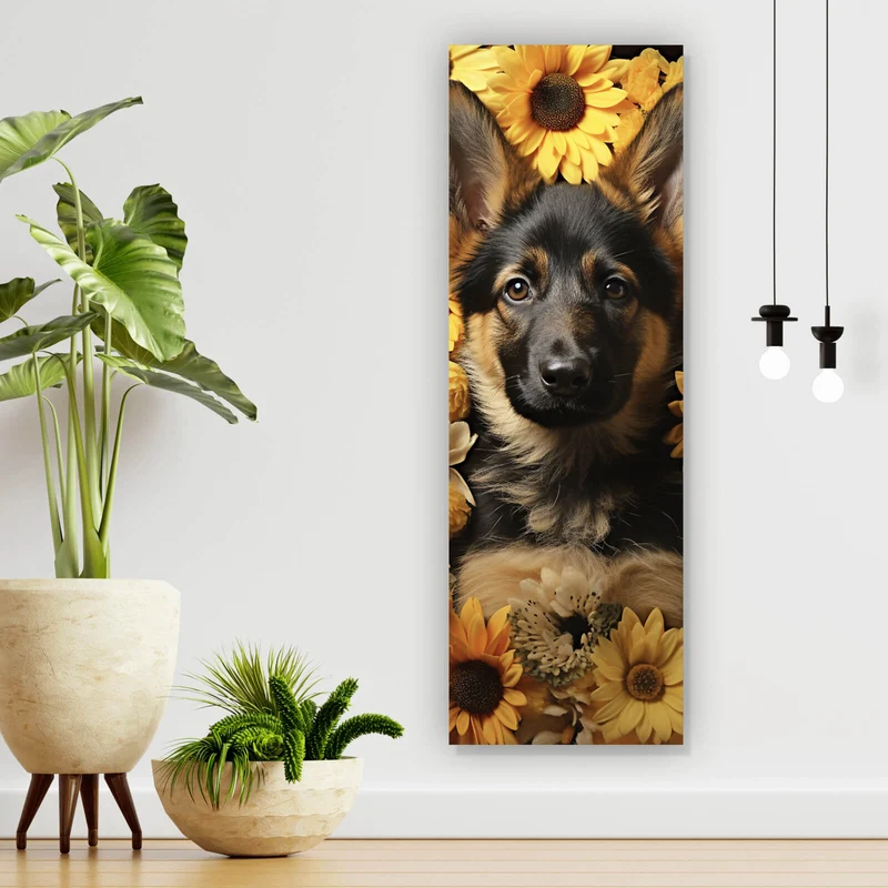 Spannrahmenbild Niedlicher Schäferhund umgeben von gelben Blumen Panorama Hoch