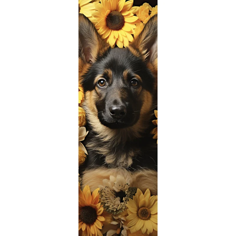 Leinwandbild Niedlicher Schäferhund umgeben von gelben Blumen Panorama Hoch