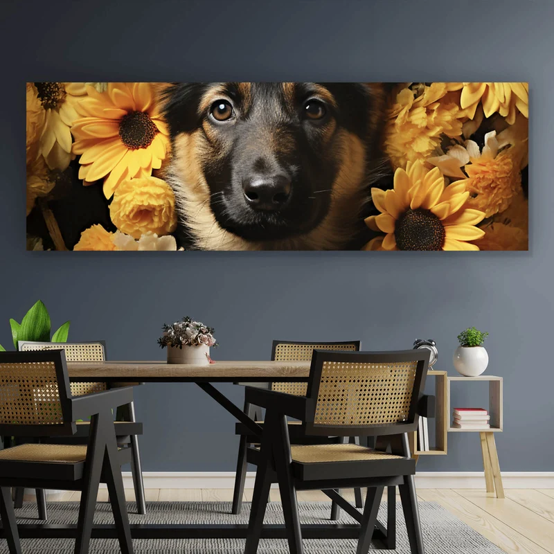 Spannrahmenbild Niedlicher Schäferhund umgeben von gelben Blumen Panorama