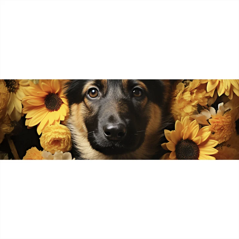 Leinwandbild Niedlicher Schäferhund umgeben von gelben Blumen Panorama