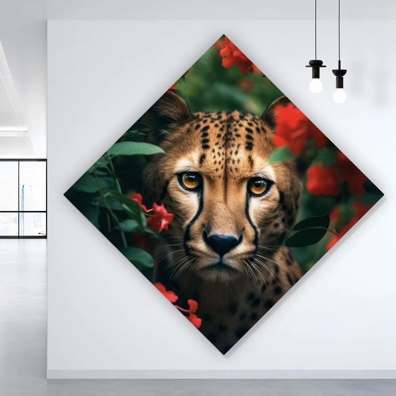 Acrylglasbild Gepard schaut neugierig durch rote Blumen Raute