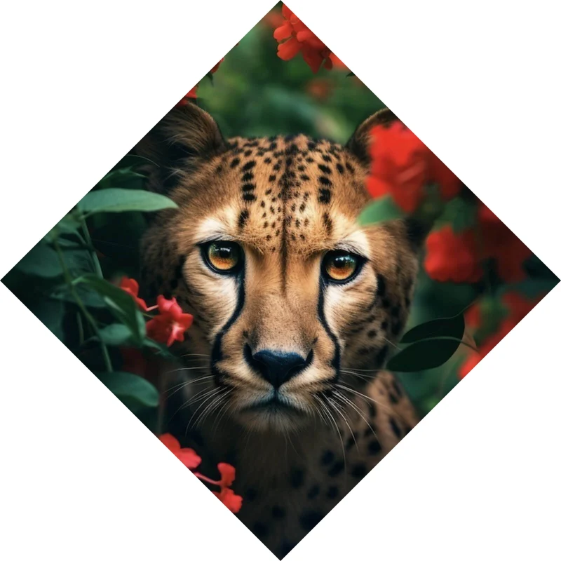 Poster Gepard schaut neugierig durch rote Blumen Raute