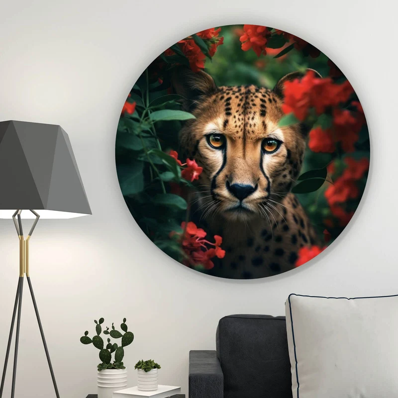 Aluminiumbild gebürstet Gepard schaut neugierig durch rote Blumen Kreis