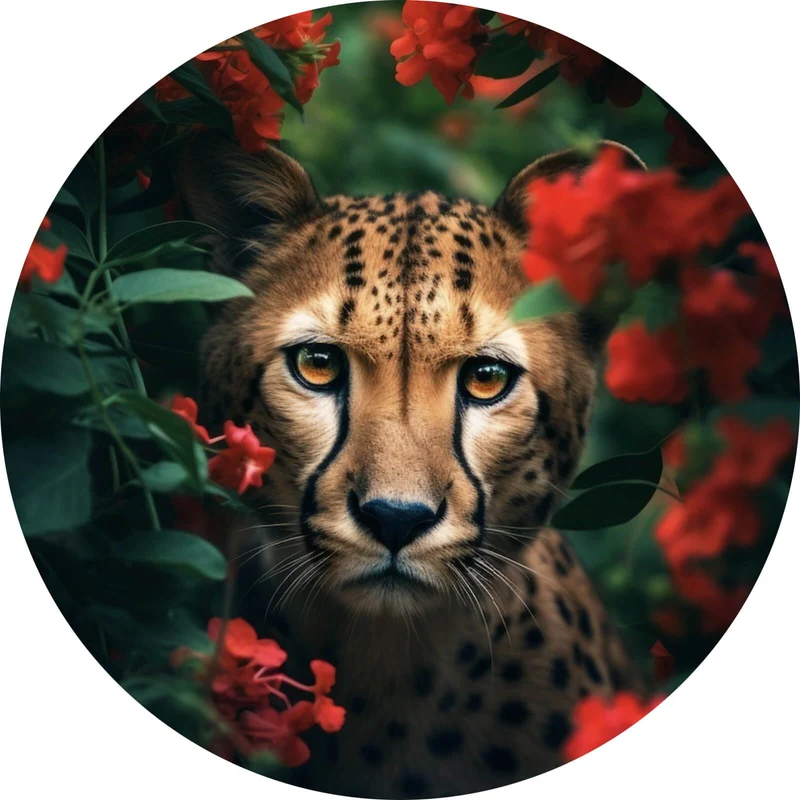 Aluminiumbild Gepard schaut neugierig durch rote Blumen Kreis