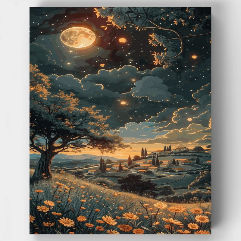 Moonlit Village Landscape - Paint by Numbers Kit
