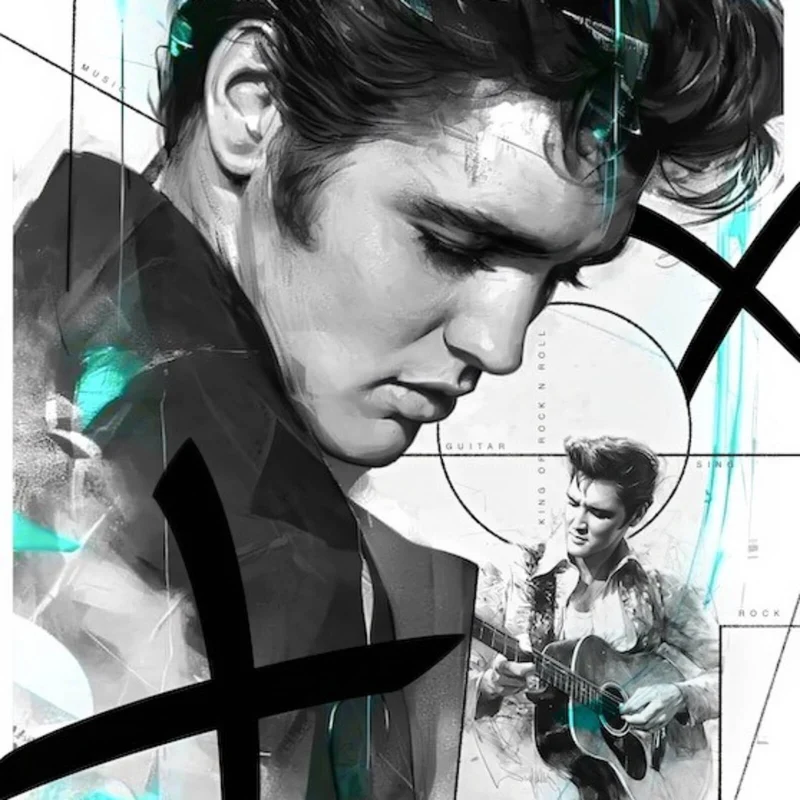 Aluminiumbild Elvis Presley in dynamischem künstlerischen Stil Quadrat
