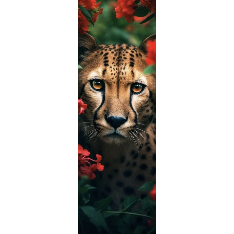 Aluminiumbild Gepard schaut neugierig durch rote Blumen Panorama Hoch