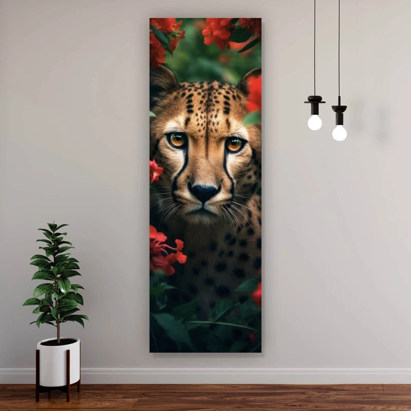 Poster Gepard schaut neugierig durch rote Blumen Panorama Hoch