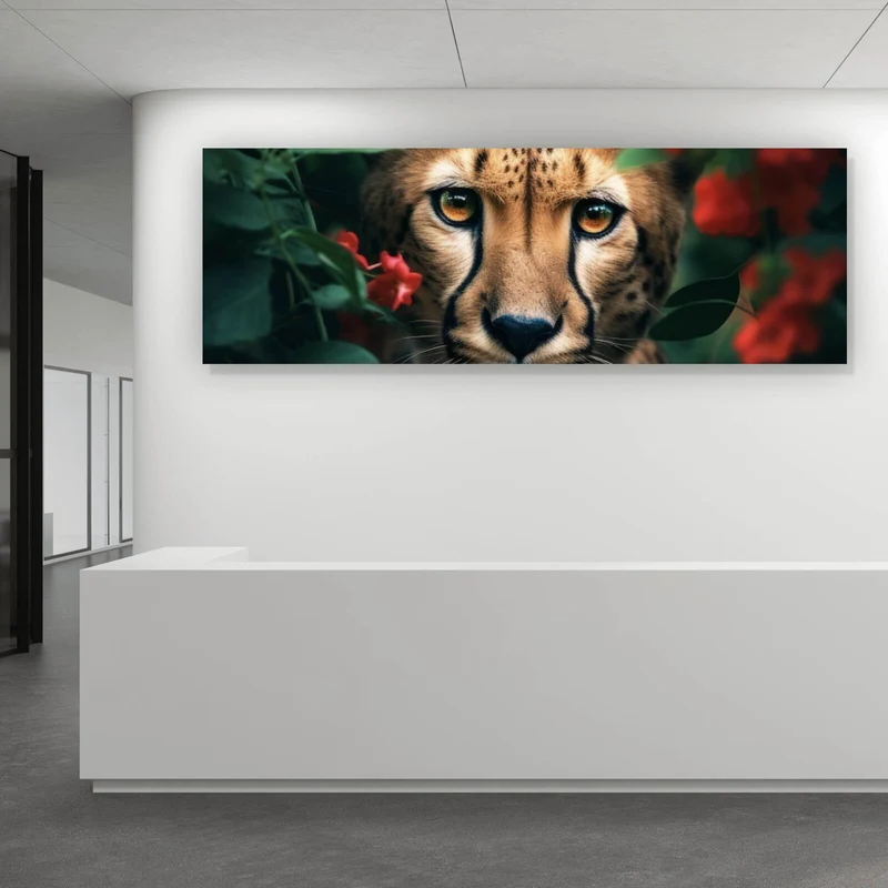 Leinwandbild Gepard schaut neugierig durch rote Blumen Panorama