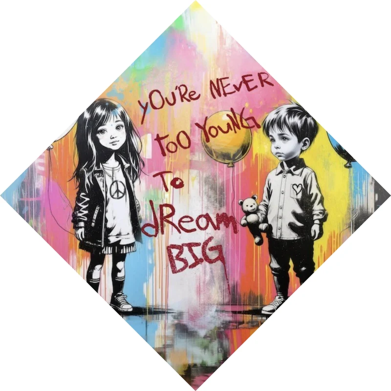 Spannrahmenbild Pop Art Kinder mit Ballons you are never too young Raute