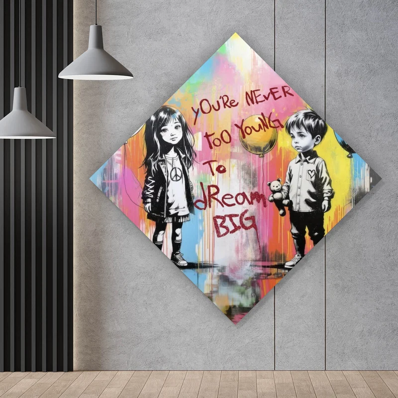 Aluminiumbild gebürstet Pop Art Kinder mit Ballons you are never too young Raute