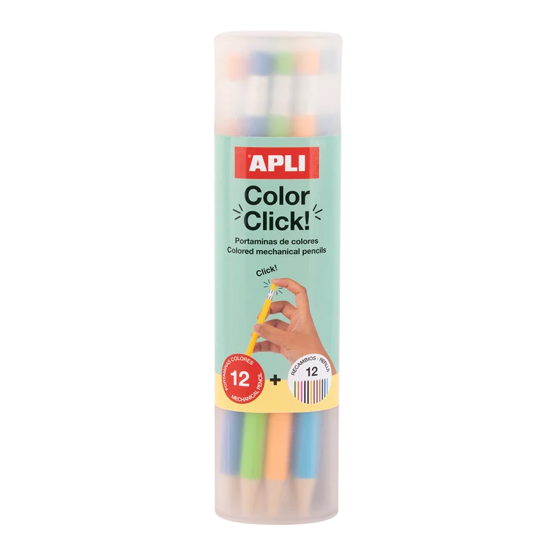 Μηχανικές ξυλομπογιές APLI Color Click, 12 τμχ με ανταλλακτικές μύτες και ξύστρα