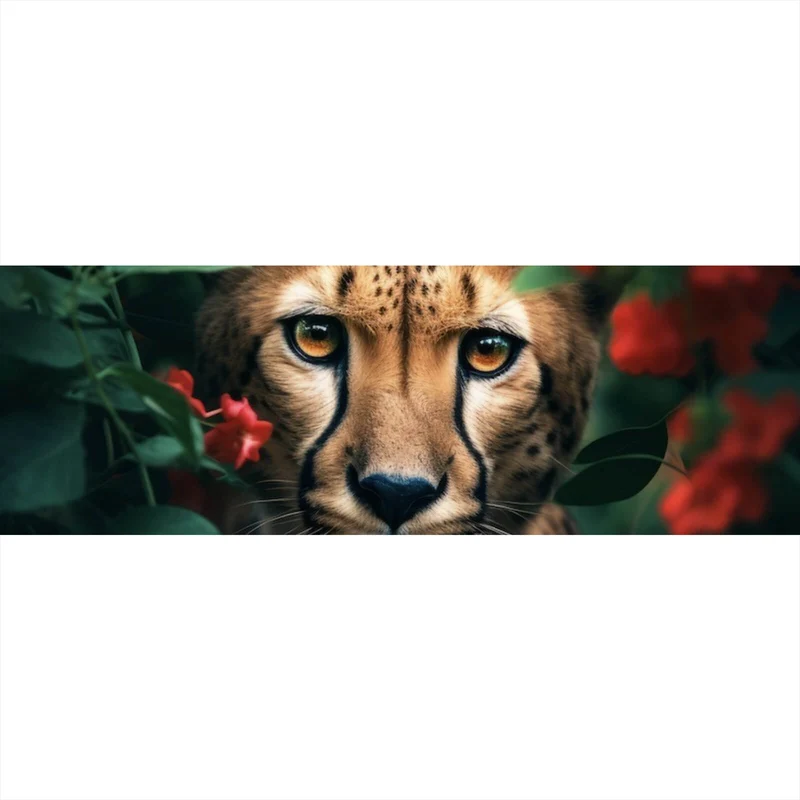 Poster Gepard schaut neugierig durch rote Blumen Panorama