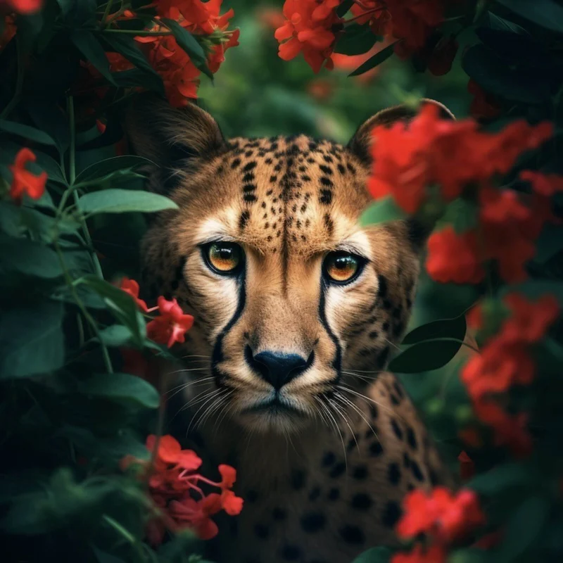 Spannrahmenbild Gepard schaut neugierig durch rote Blumen Quadrat