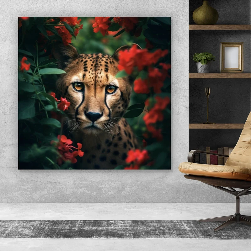 Poster Gepard schaut neugierig durch rote Blumen Quadrat