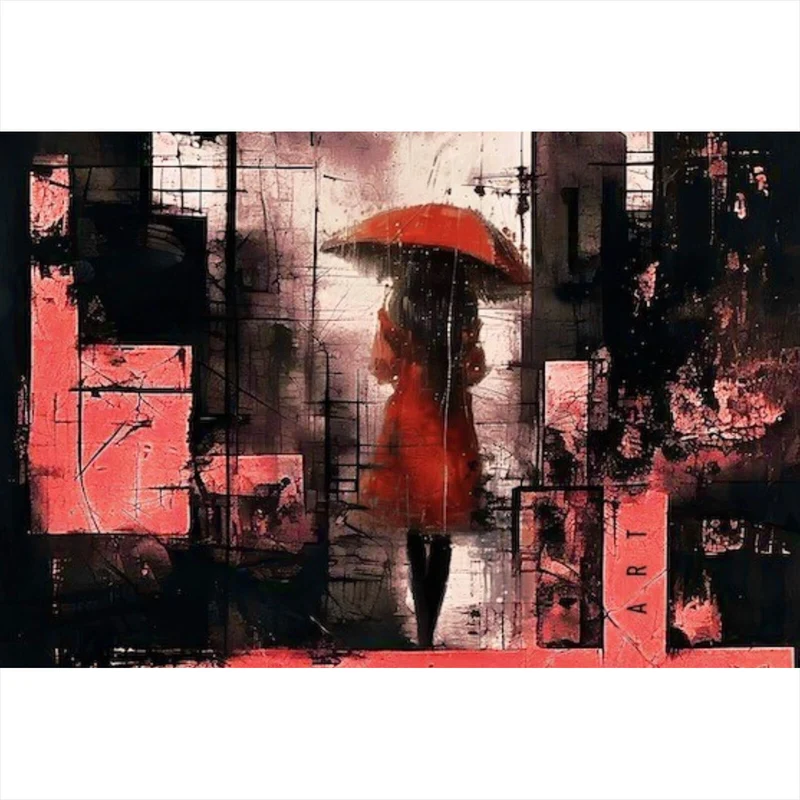 Aluminiumbild Frau mit Regenschirm in abstrakter Stadtlandschaft Querformat