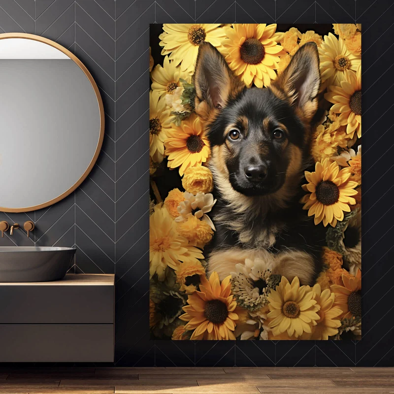 Poster Niedlicher Schäferhund umgeben von gelben Blumen Hochformat