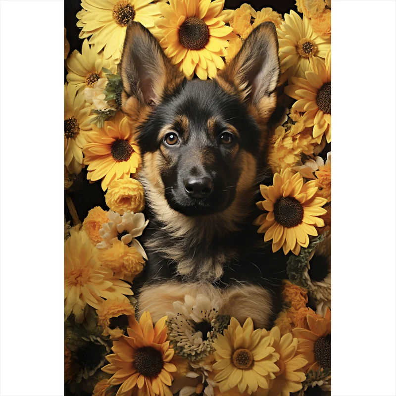 Poster Niedlicher Schäferhund umgeben von gelben Blumen Hochformat