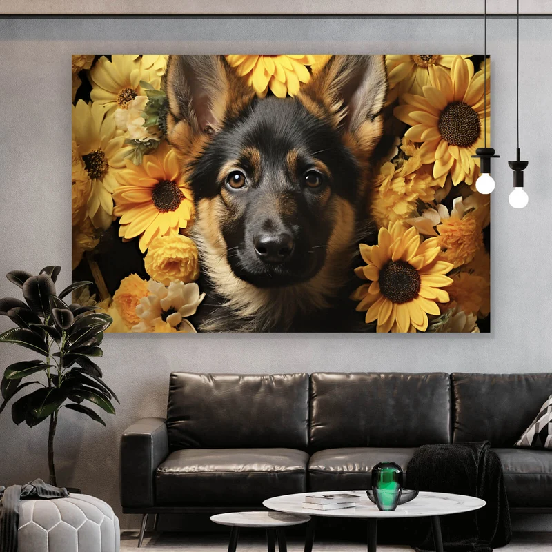 Spannrahmenbild Niedlicher Schäferhund umgeben von gelben Blumen Querformat