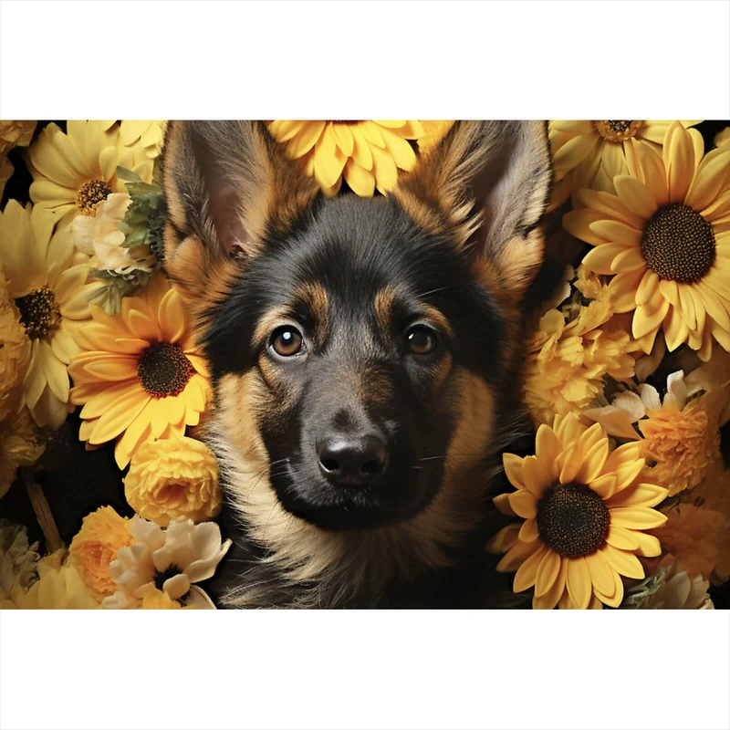 Acrylglasbild Niedlicher Schäferhund umgeben von gelben Blumen Querformat