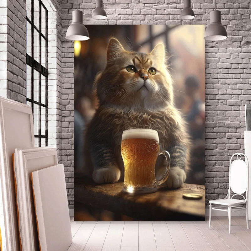 Poster Flauschige Katze genießt Bier in gemütlicher Kneipe Hochformat