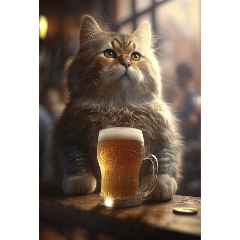 Poster Flauschige Katze genießt Bier in gemütlicher Kneipe Hochformat