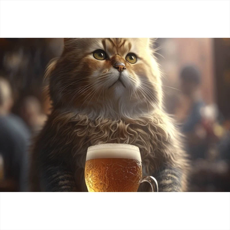 Spannrahmenbild Flauschige Katze genießt Bier in gemütlicher Kneipe Querformat