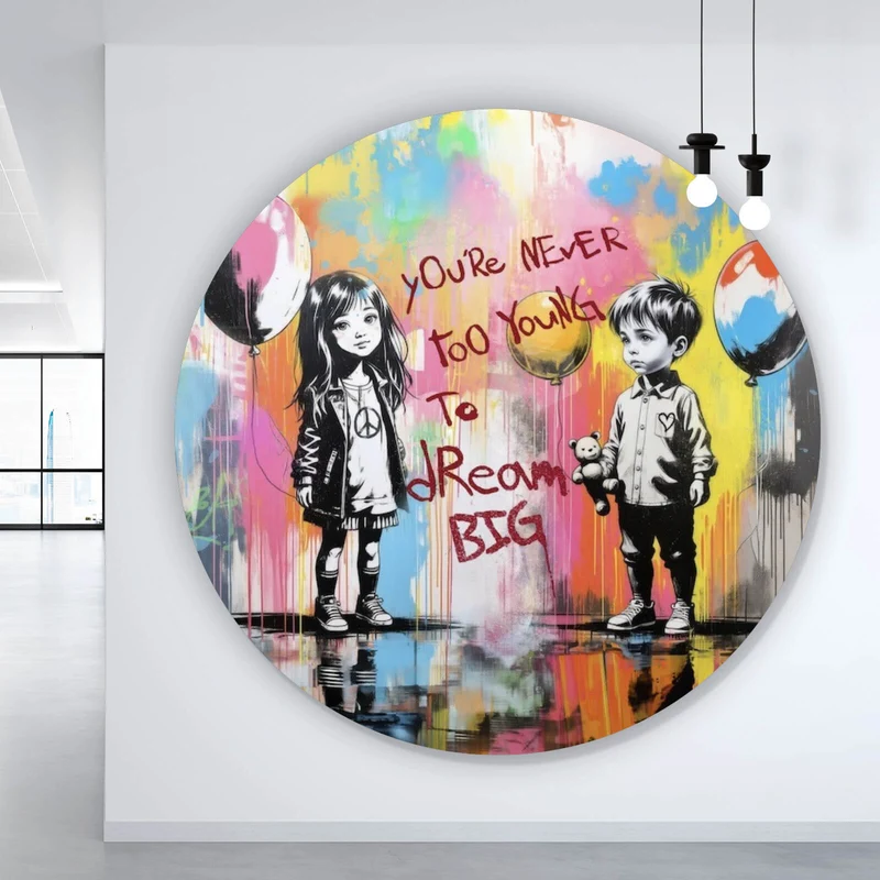 Aluminiumbild Pop Art Kinder mit Ballons you are never too young Kreis