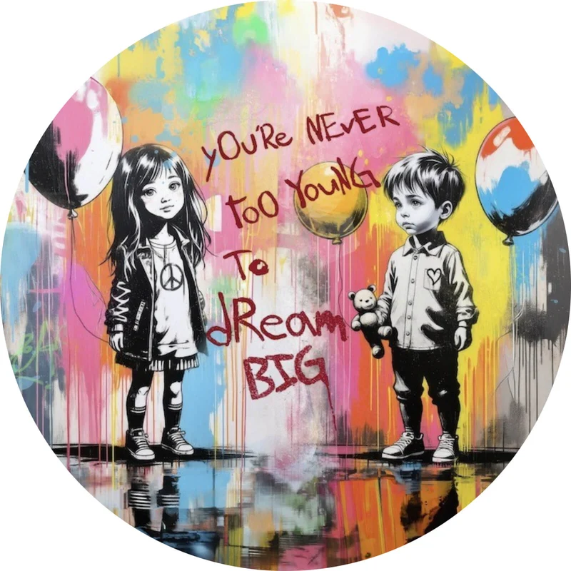 Aluminiumbild Pop Art Kinder mit Ballons you are never too young Kreis