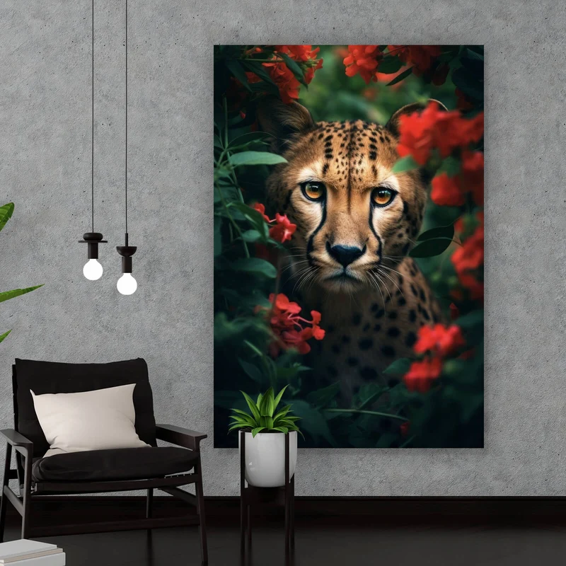 Aluminiumbild Gepard schaut neugierig durch rote Blumen Hochformat