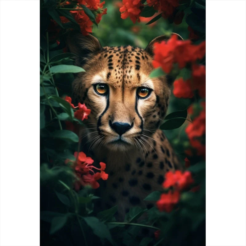 Leinwandbild Gepard schaut neugierig durch rote Blumen Hochformat