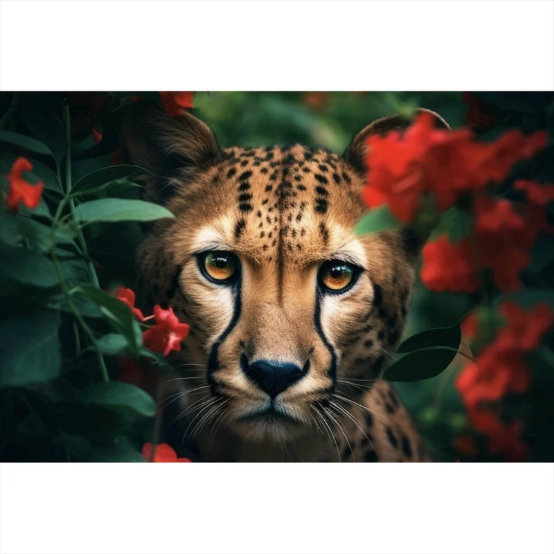Acrylglasbild Gepard schaut neugierig durch rote Blumen Querformat