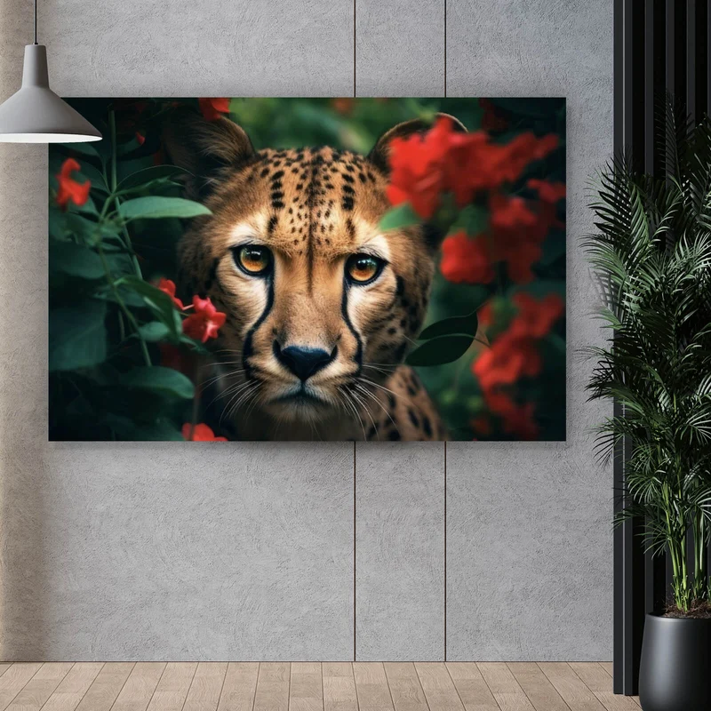 Leinwandbild Gepard schaut neugierig durch rote Blumen Querformat