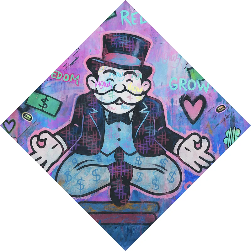 Poster Meditierende Spielfigur mit Geld und motivierenden Sprüchen Raute