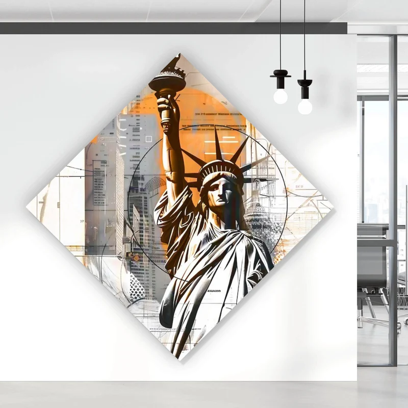Aluminiumbild Freiheitsstatue vor moderner Stadt Raute