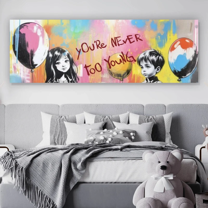 Aluminiumbild gebürstet Pop Art Kinder mit Ballons you are never too young Panorama