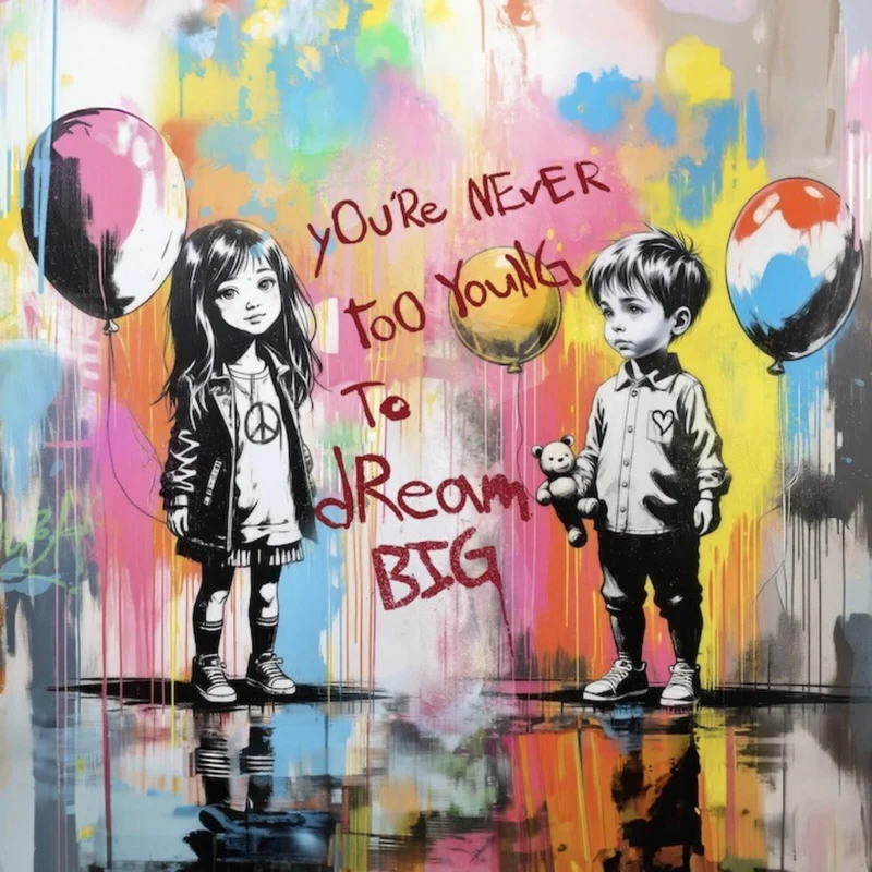 Aluminiumbild Pop Art Kinder mit Ballons you are never too young Quadrat