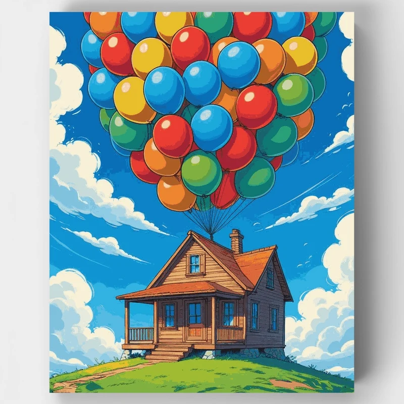 Floating House with Colorful Balloons - Paint by Numbers Kit