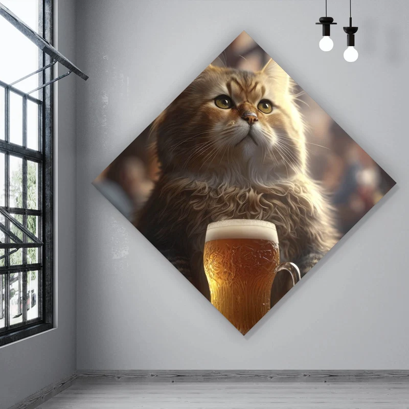 Aluminiumbild Flauschige Katze genießt Bier in gemütlicher Kneipe Raute