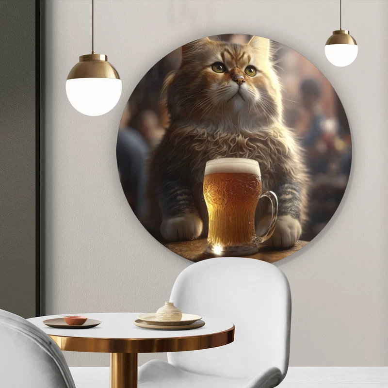 Aluminiumbild gebürstet Flauschige Katze genießt Bier in gemütlicher Kneipe Kreis