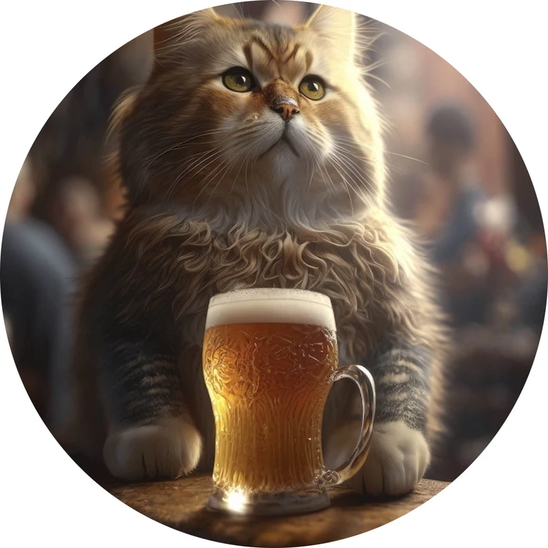 Aluminiumbild Flauschige Katze genießt Bier in gemütlicher Kneipe Kreis