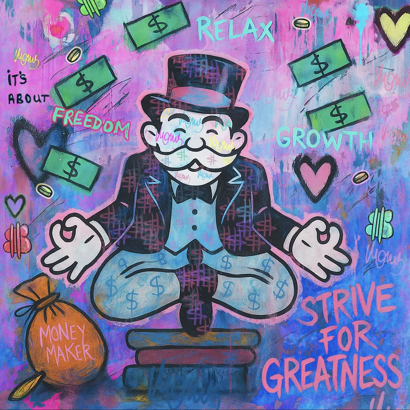 Acrylglasbild Meditierende Spielfigur mit Geld und motivierenden Sprüchen Quadrat