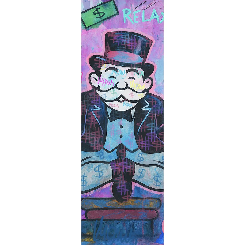 Aluminiumbild gebürstet Meditierende Spielfigur mit Geld und motivierenden Sprüchen Panorama Hoch