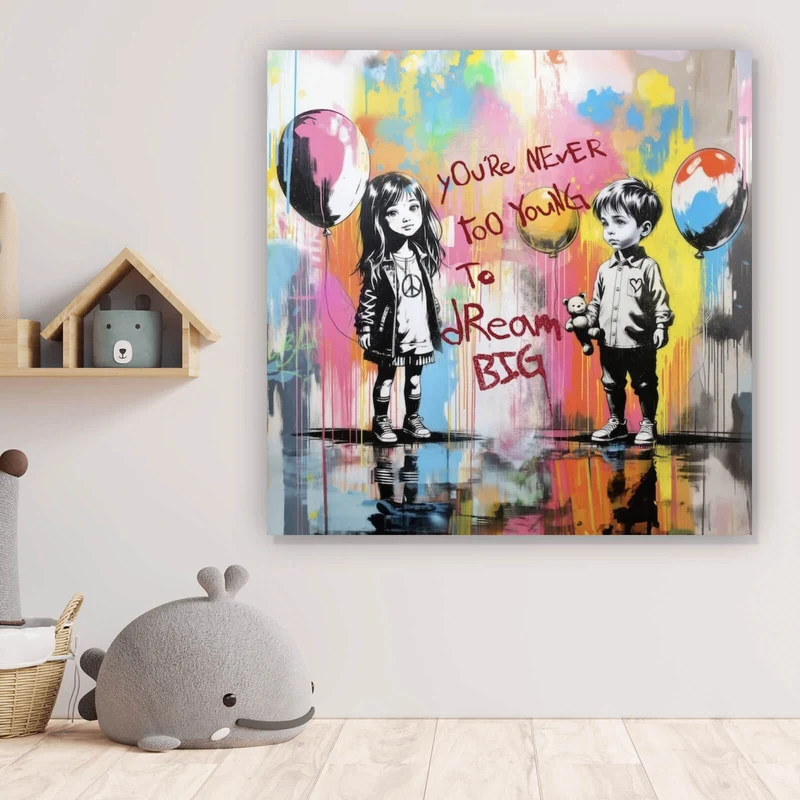 Poster Pop Art Kinder mit Ballons you are never too young Quadrat