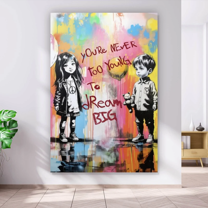 Acrylglasbild Pop Art Kinder mit Ballons you are never too young Hochformat
