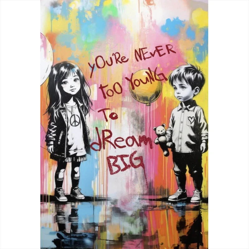 Aluminiumbild gebürstet Pop Art Kinder mit Ballons you are never too young Hochformat