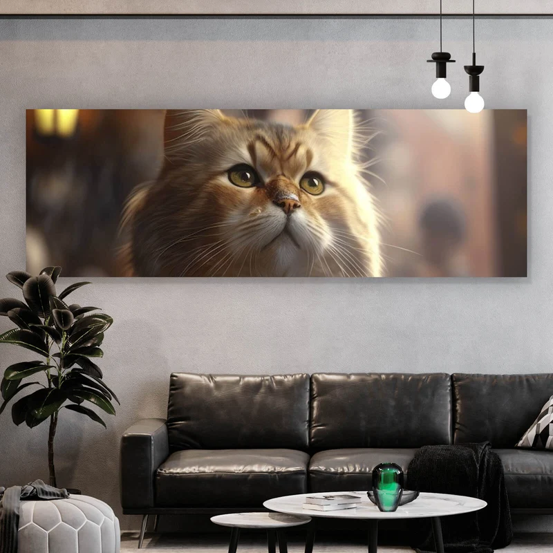 Acrylglasbild Flauschige Katze genießt Bier in gemütlicher Kneipe Panorama