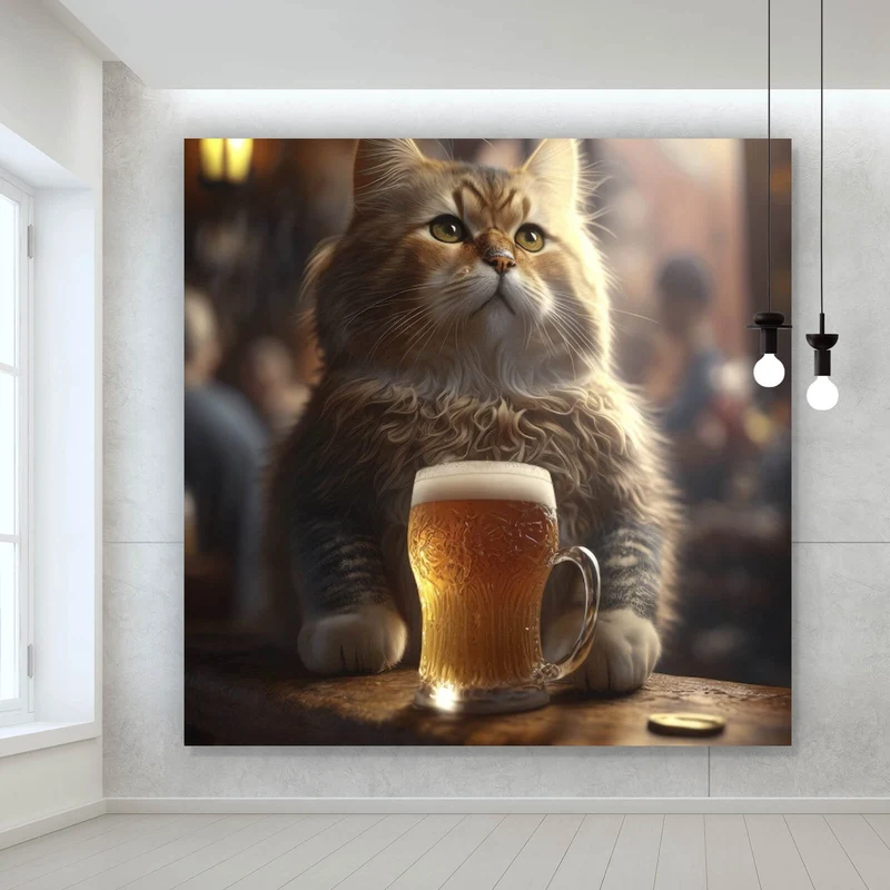 Spannrahmenbild Flauschige Katze genießt Bier in gemütlicher Kneipe Quadrat