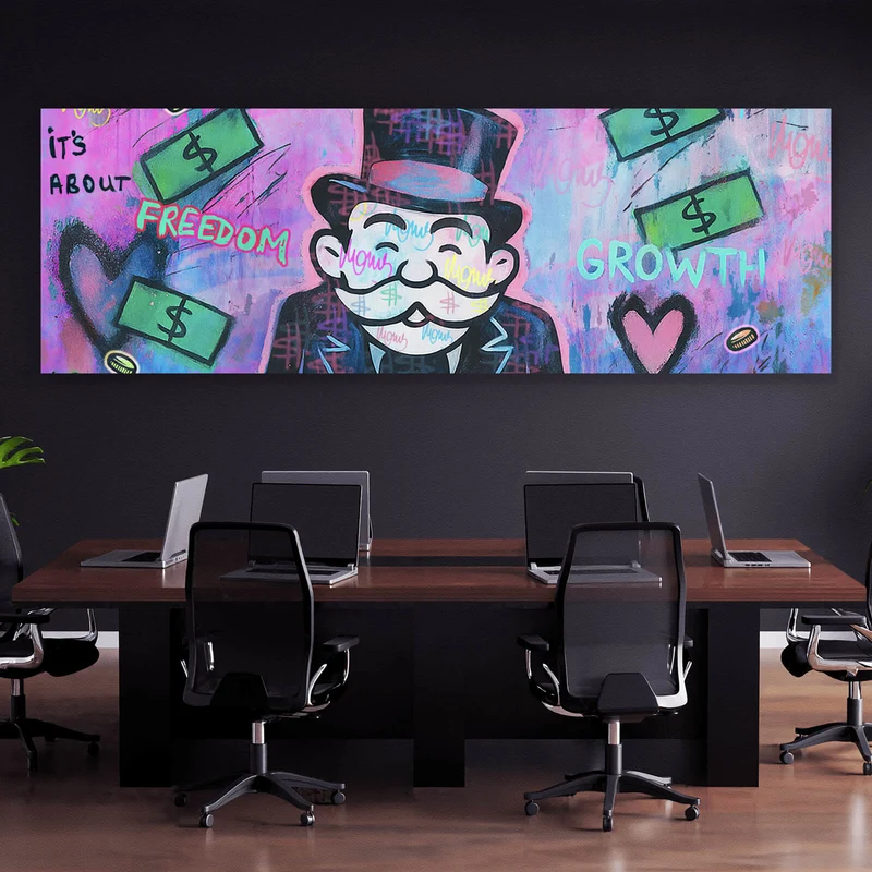 Acrylglasbild Meditierende Spielfigur mit Geld und motivierenden Sprüchen Panorama
