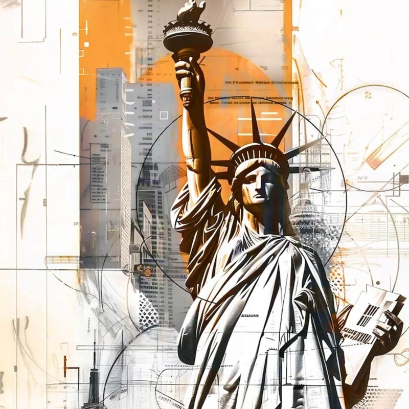 Leinwandbild Freiheitsstatue vor moderner Stadt Quadrat